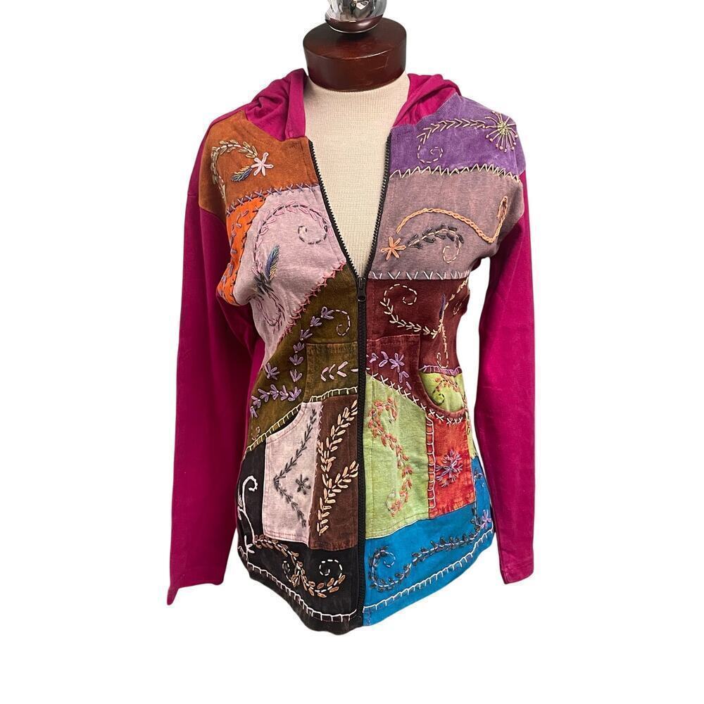 Rising Tide Patchwork VTG Y2K Full Zip Hooded Jacket Bohemian Artsy Eclectic Med
